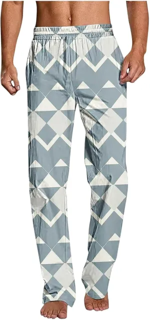 Mens Pajama Pants Trendy Plaid Print Home Pants Elastic Waist Casual Pants Lightweight Straight Leg Slim Fit Trousers