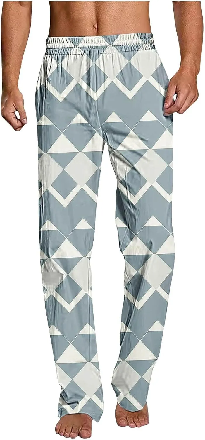 Mens Pajama Pants Trendy Plaid Print Home Pants Elastic Waist Casual Pants Lightweight Straight Leg Slim Fit Trousers