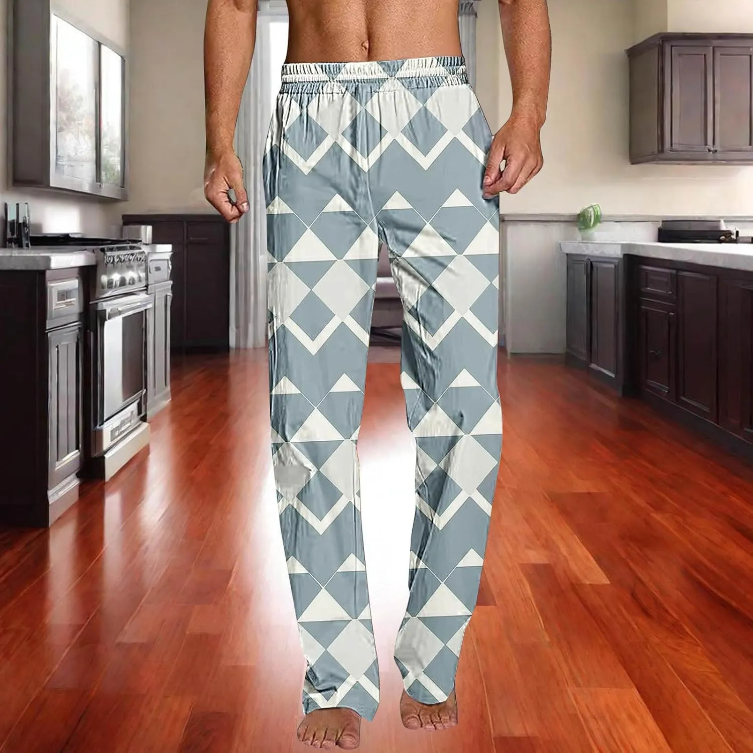 Mens Pajama Pants Trendy Plaid Print Home Pants Elastic Waist Casual Pants Lightweight Straight Leg Slim Fit Trousers