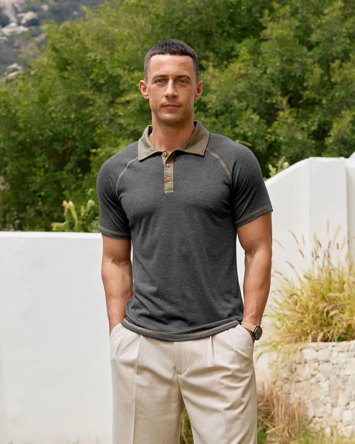 Men's Polo Shirts Short Sleeve Casual Vintage Collared Button Basic Golf Raglan Tee T-Shirts