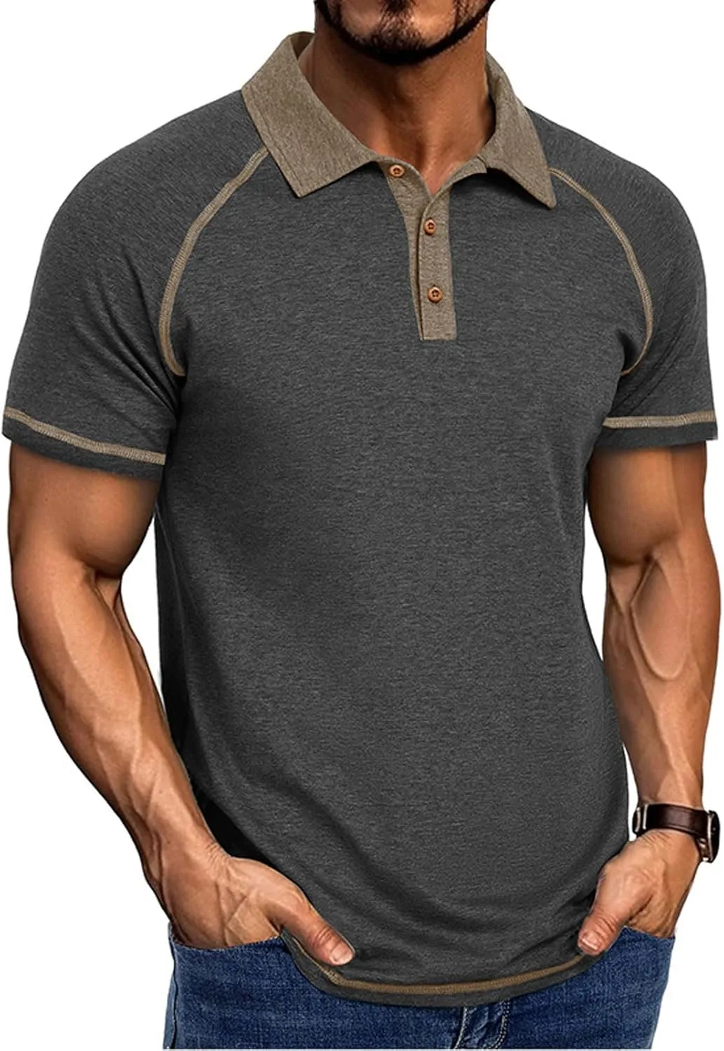 Men's Polo Shirts Short Sleeve Casual Vintage Collared Button Basic Golf Raglan Tee T-Shirts