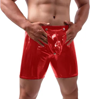 Mens Sexy Bulge Pouch Long Boxer Briefs PVC Metallic Leather Underwear Soft Tight Lingerie Open Front Panties Boyshort