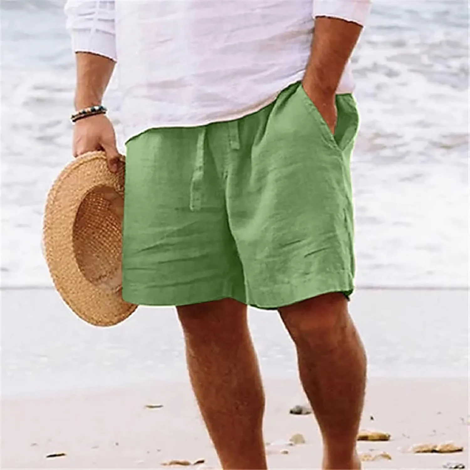 Mens Shorts Summer Trendy Cotton Linen Sport Pants Elastic Waist Drawstring Trousers Straight Beach Pants with Pockets