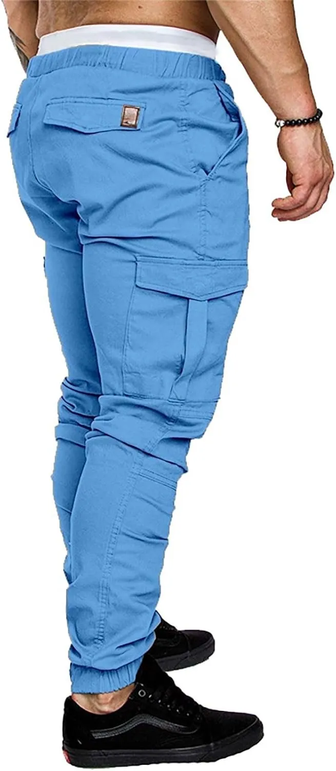 Mens Slim Fit Cargo Sweatpants with Pockets Workout Gym Lightweight Sweat Pants Elastic Waist Sweat Pants Trouser