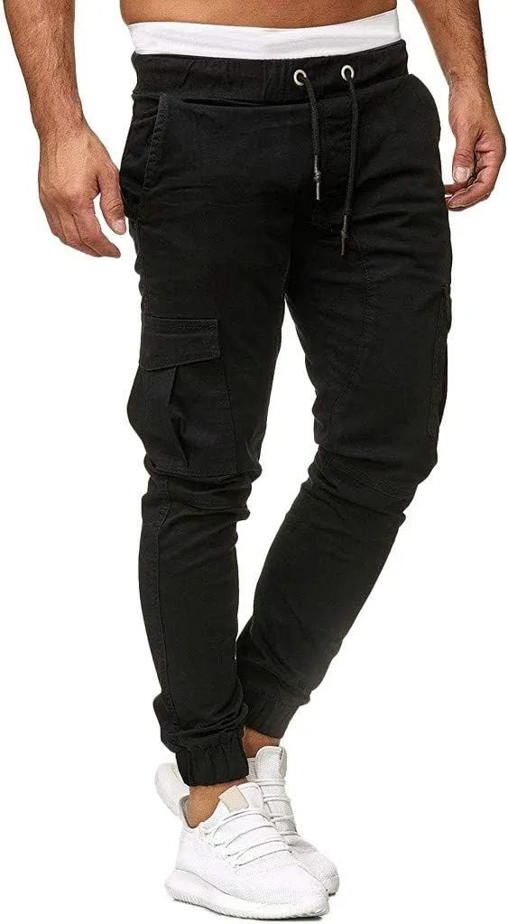 Mens Twill Cotton Joggers Cargo Pants Drawstring Cotton Slim Fit Chino Trousers Casual Fitness Track Jogging Pants