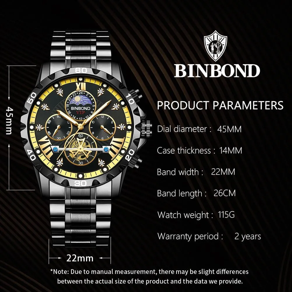 Mens Watches Big Face Dial Stainless Steel Chronograph Fashion Business Dress Diamond Multifunction Wrist Watch for Men Waterproof Luminous