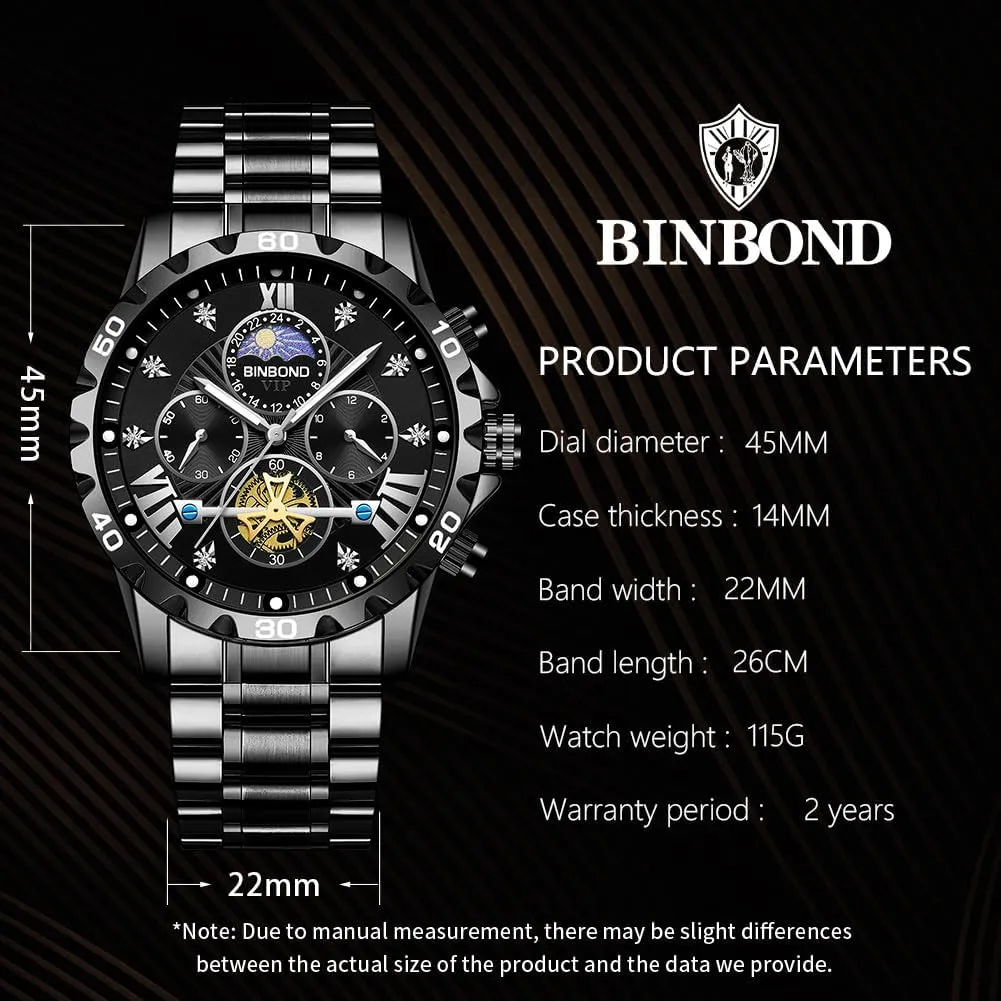 Mens Watches Big Face Dial Stainless Steel Chronograph Fashion Business Dress Diamond Multifunction Wrist Watch for Men Waterproof Luminous