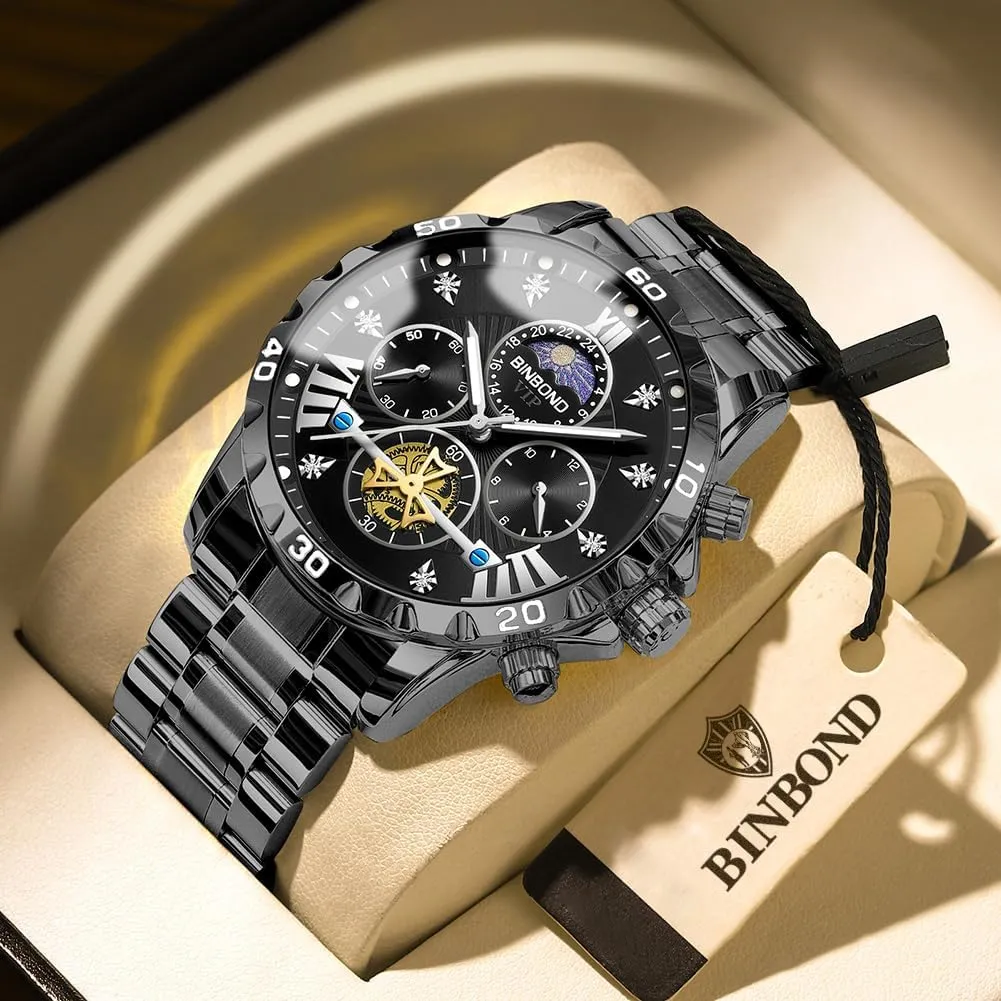 Mens Watches Big Face Dial Stainless Steel Chronograph Fashion Business Dress Diamond Multifunction Wrist Watch for Men Waterproof Luminous