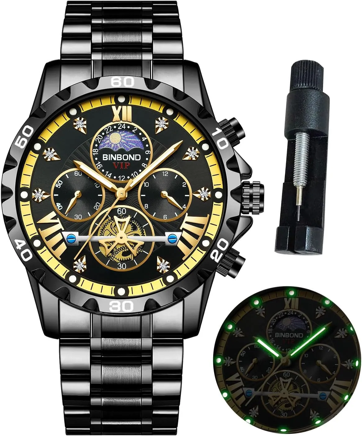 Mens Watches Big Face Dial Stainless Steel Chronograph Fashion Business Dress Diamond Multifunction Wrist Watch for Men Waterproof Luminous