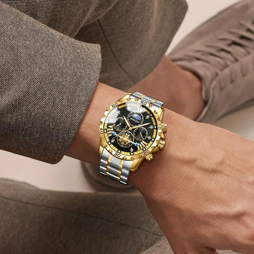 Mens Watches Big Face Dial Stainless Steel Chronograph Fashion Business Dress Diamond Multifunction Wrist Watch for Men Waterproof Luminous