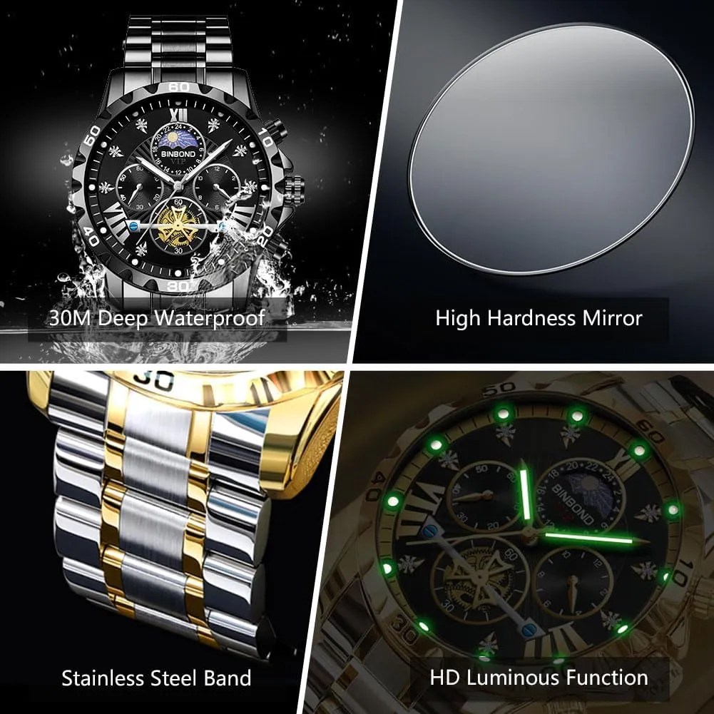 Mens Watches Big Face Dial Stainless Steel Chronograph Fashion Business Dress Diamond Multifunction Wrist Watch for Men Waterproof Luminous