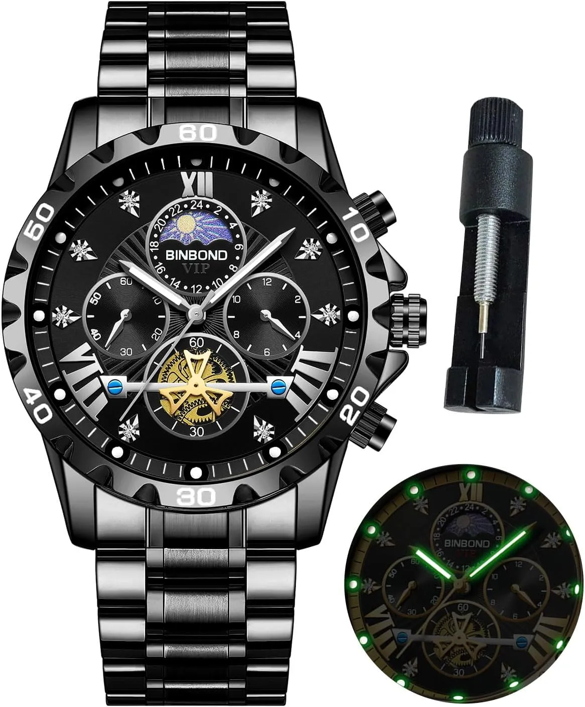 Mens Watches Big Face Dial Stainless Steel Chronograph Fashion Business Dress Diamond Multifunction Wrist Watch for Men Waterproof Luminous