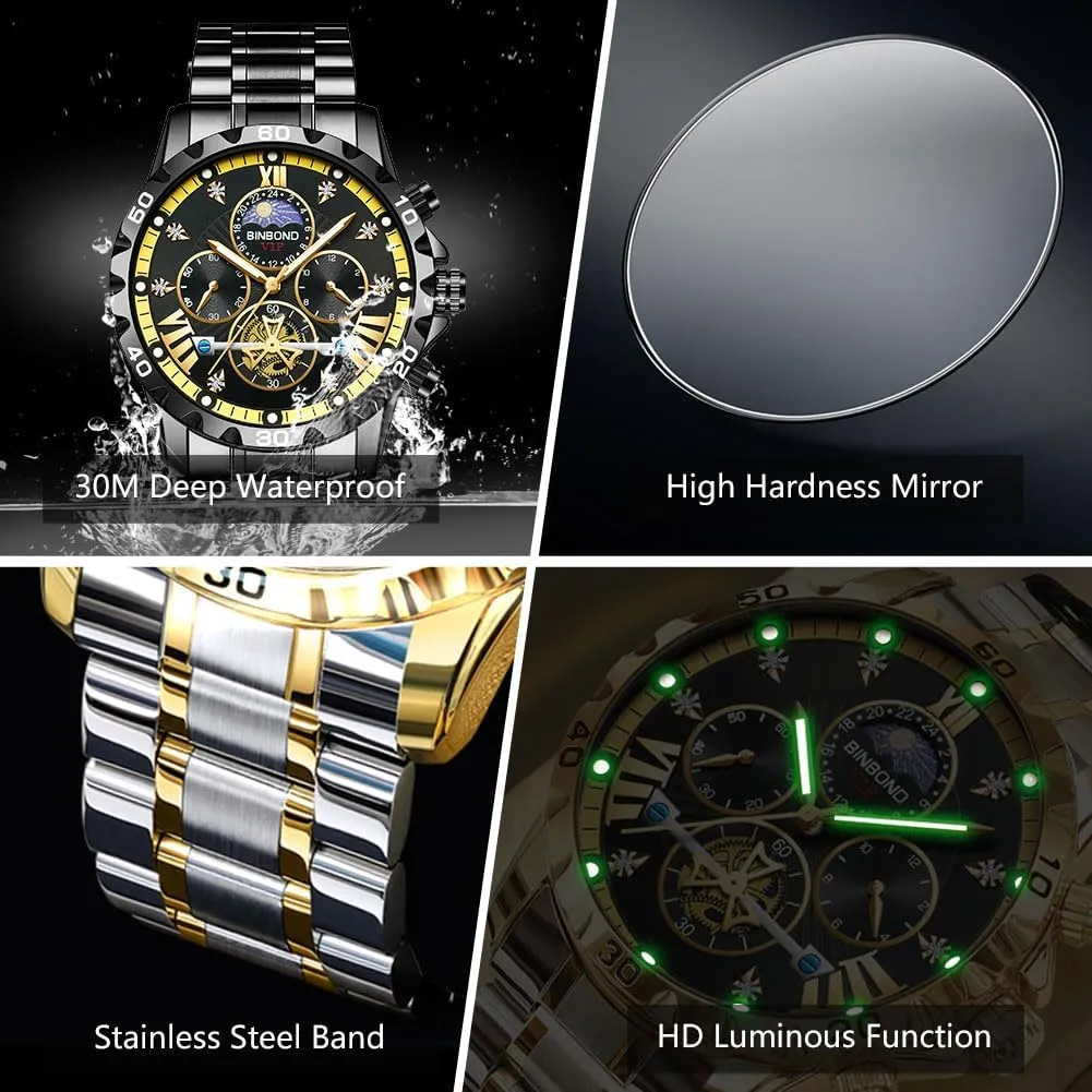 Mens Watches Big Face Dial Stainless Steel Chronograph Fashion Business Dress Diamond Multifunction Wrist Watch for Men Waterproof Luminous