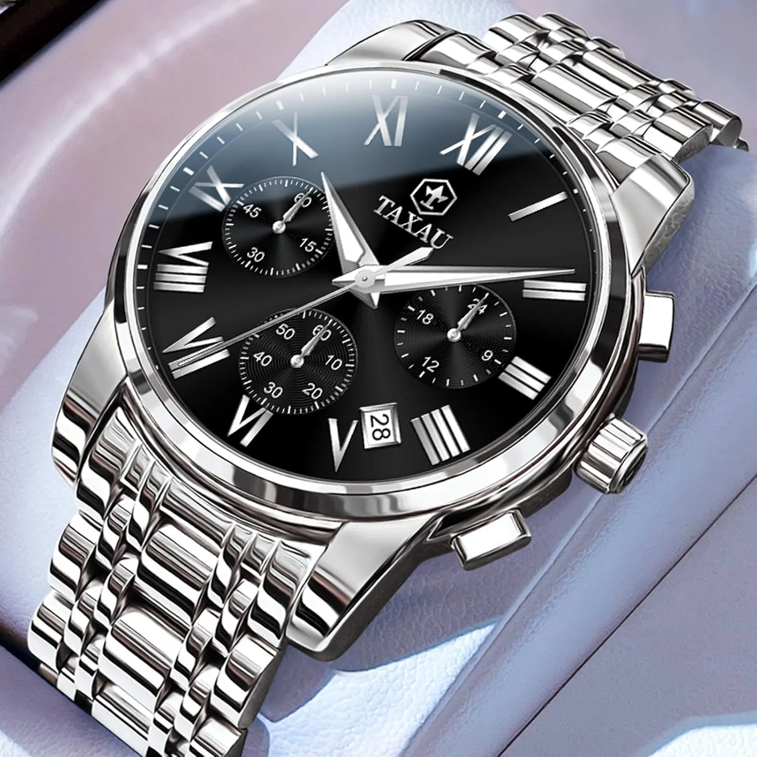 Mens Watches Luxury Multifunction Waterproof Watches for Men Big Face Analog Quartz Stainless Steel Silver Men's Wrist Watches Chronograph with Date Luminous