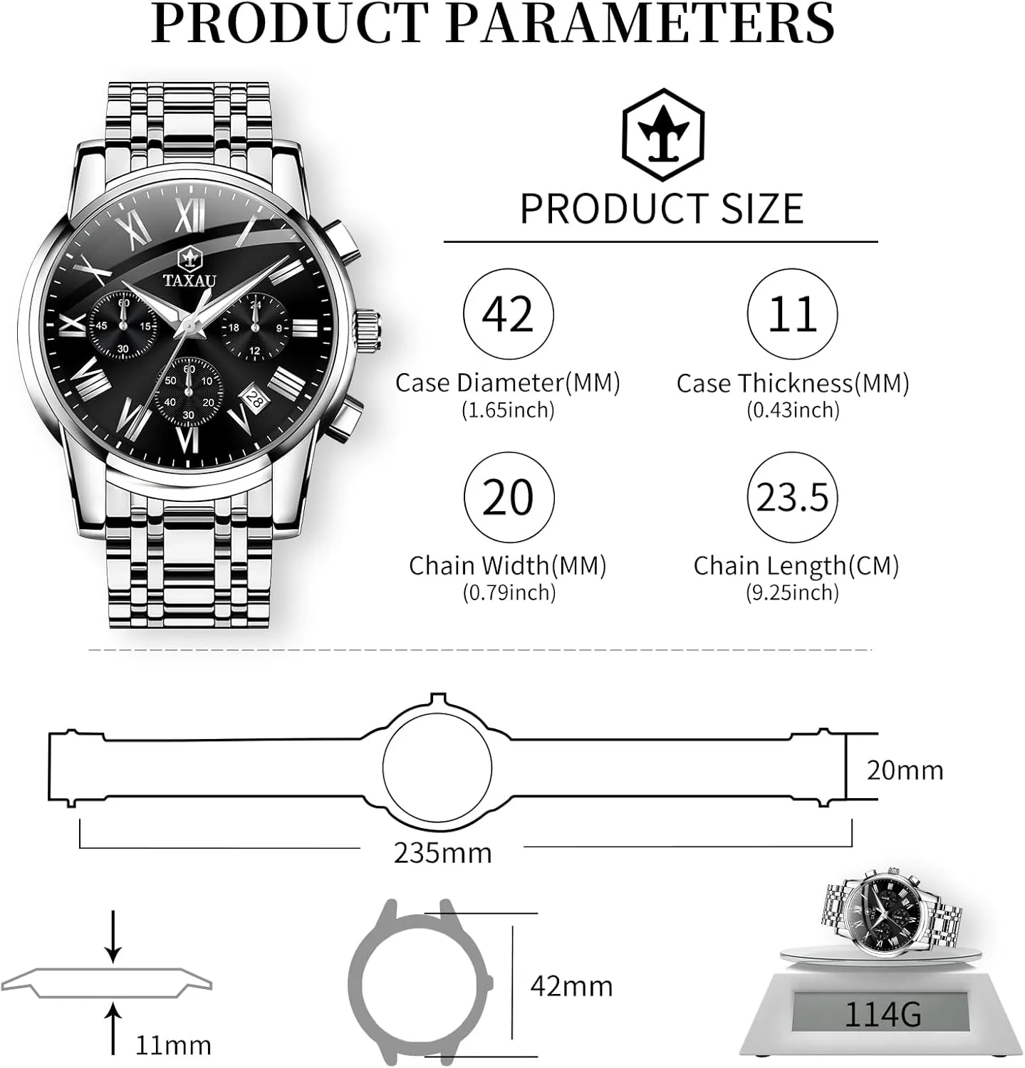 Mens Watches Luxury Multifunction Waterproof Watches for Men Big Face Analog Quartz Stainless Steel Silver Men's Wrist Watches Chronograph with Date Luminous
