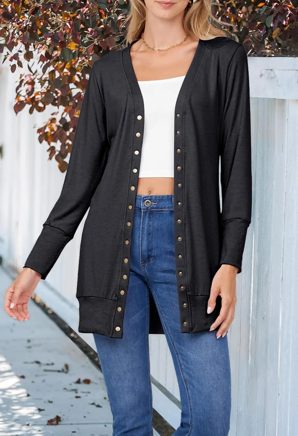 MEROKEETY Women's 2024 Fall Long Sleeve Snap Button Down Solid Color Knit Ribbed Neckline Cardigans