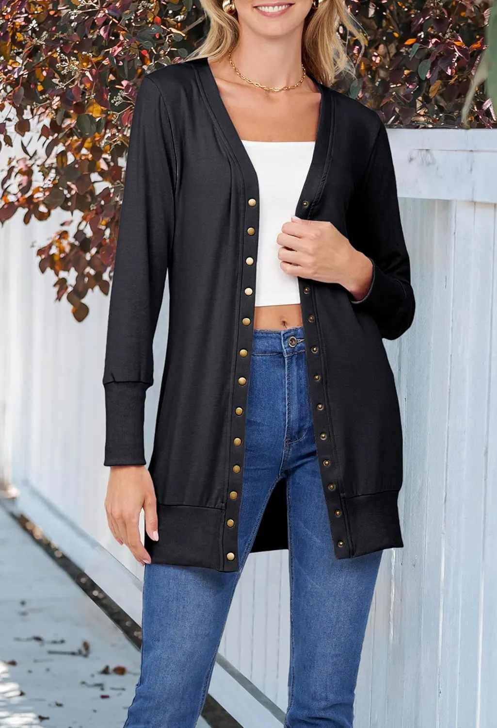 MEROKEETY Women's 2024 Fall Long Sleeve Snap Button Down Solid Color Knit Ribbed Neckline Cardigans