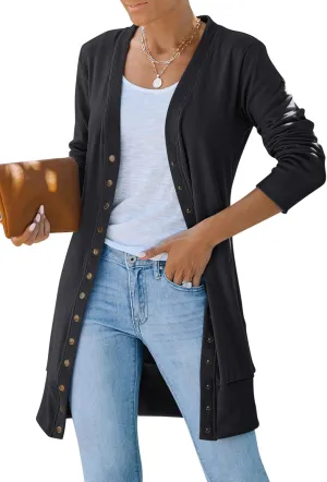MEROKEETY Women's 2024 Fall Long Sleeve Snap Button Down Solid Color Knit Ribbed Neckline Cardigans