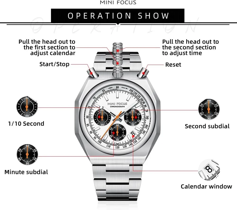 MF MINI FOCUS Unique Dress Men Watches (Chronograph/Waterproof/Luminous/Calendar) Big Face Stainless Steel Band Watches for Men