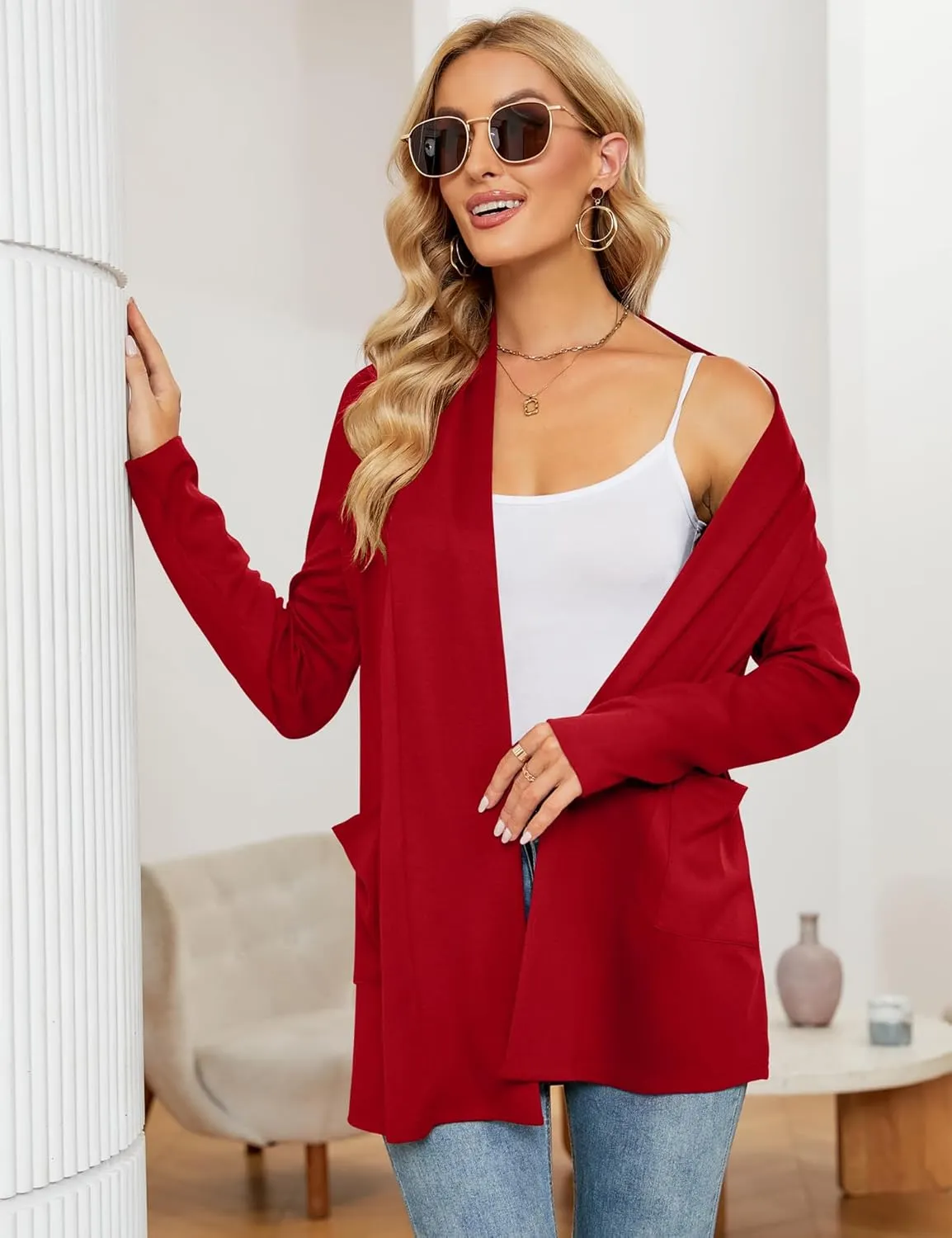 Micoson Women's Long Sleeve Open Front Cardigan Casual Loose Lightweight Cardigans with Pockets
