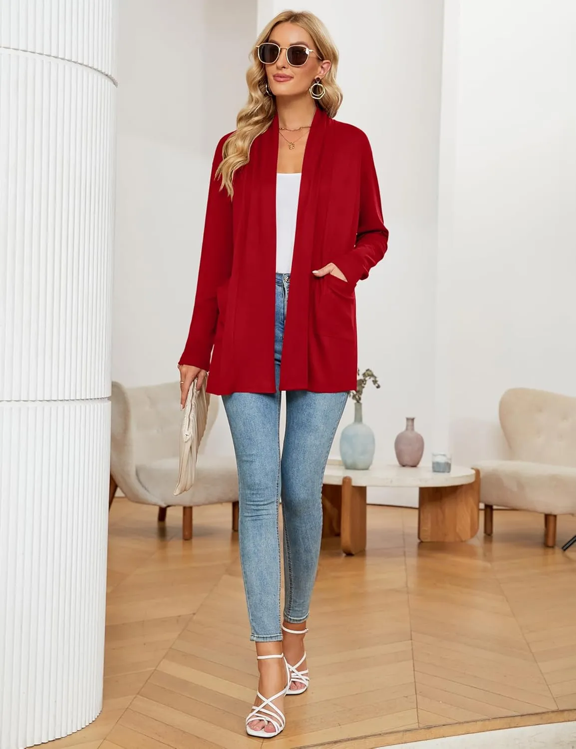 Micoson Women's Long Sleeve Open Front Cardigan Casual Loose Lightweight Cardigans with Pockets