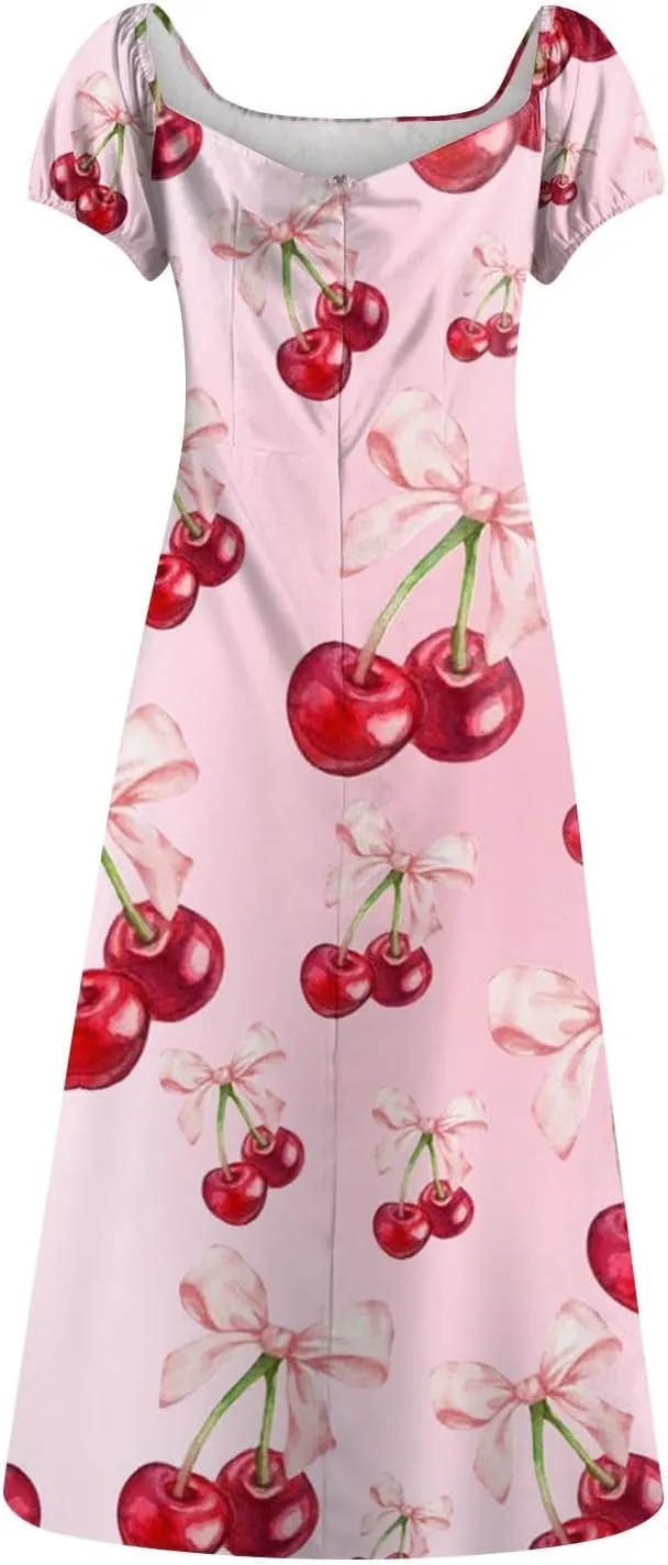 Midi Dresses for Women Summer Puff Sleeve Square Neck A Line Floral Dress for Wedding Ruched High Waist Split Dresses