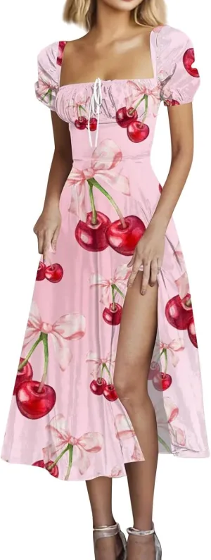 Midi Dresses for Women Summer Puff Sleeve Square Neck A Line Floral Dress for Wedding Ruched High Waist Split Dresses