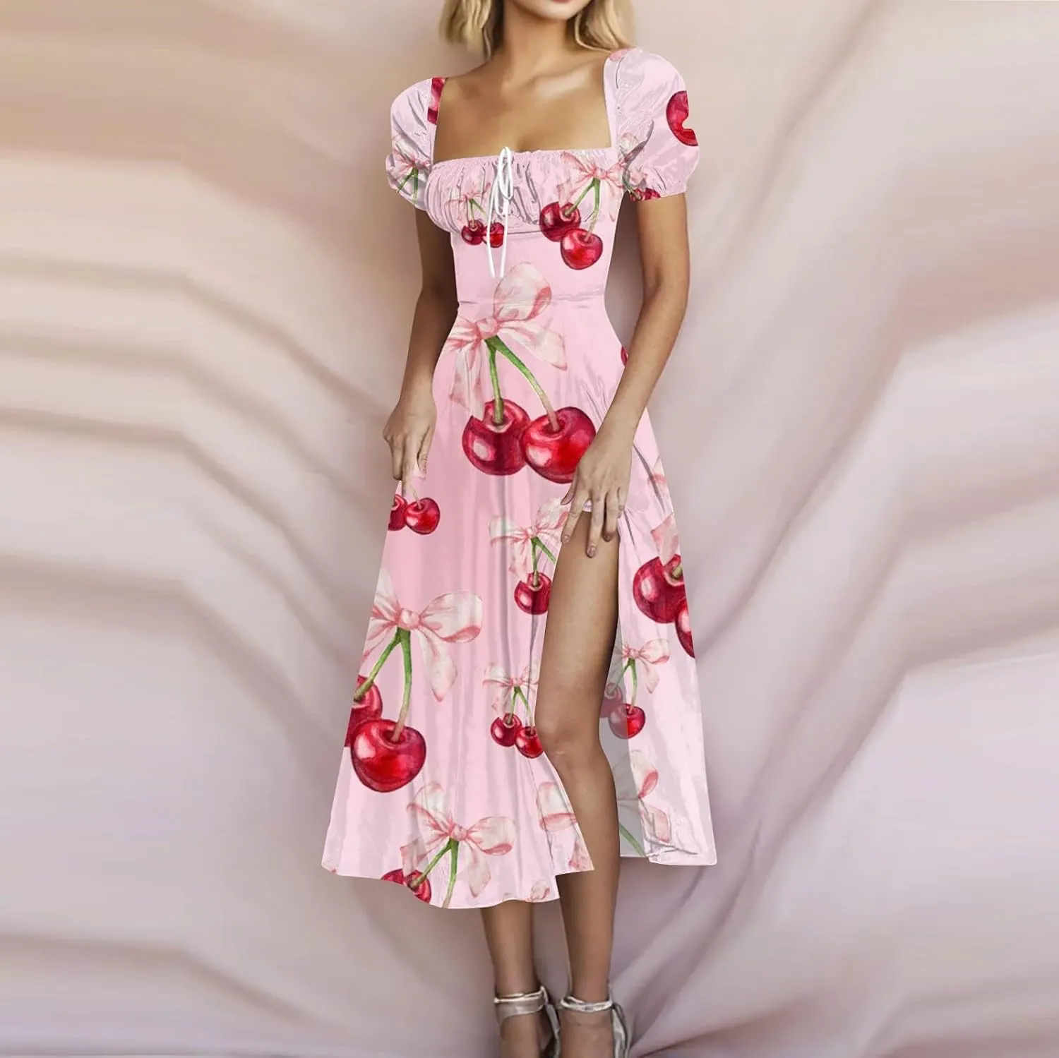Midi Dresses for Women Summer Puff Sleeve Square Neck A Line Floral Dress for Wedding Ruched High Waist Split Dresses