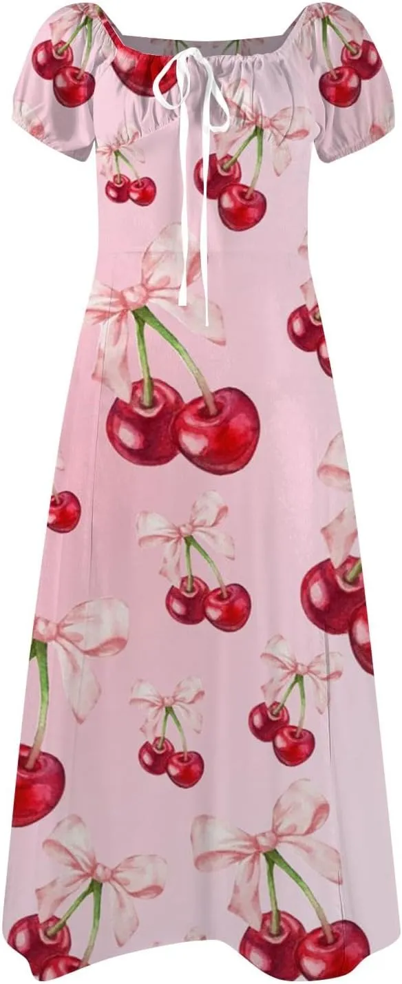 Midi Dresses for Women Summer Puff Sleeve Square Neck A Line Floral Dress for Wedding Ruched High Waist Split Dresses