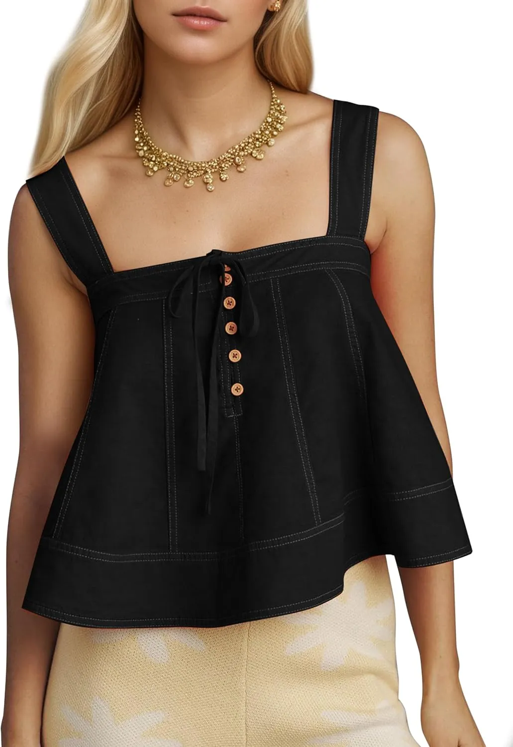 MISSACTIVER Linen Tank Tops for Women Sleeveless Square Neck Button Down Pleated Peplum Tops Flowy Ruffle Babydoll Shirt