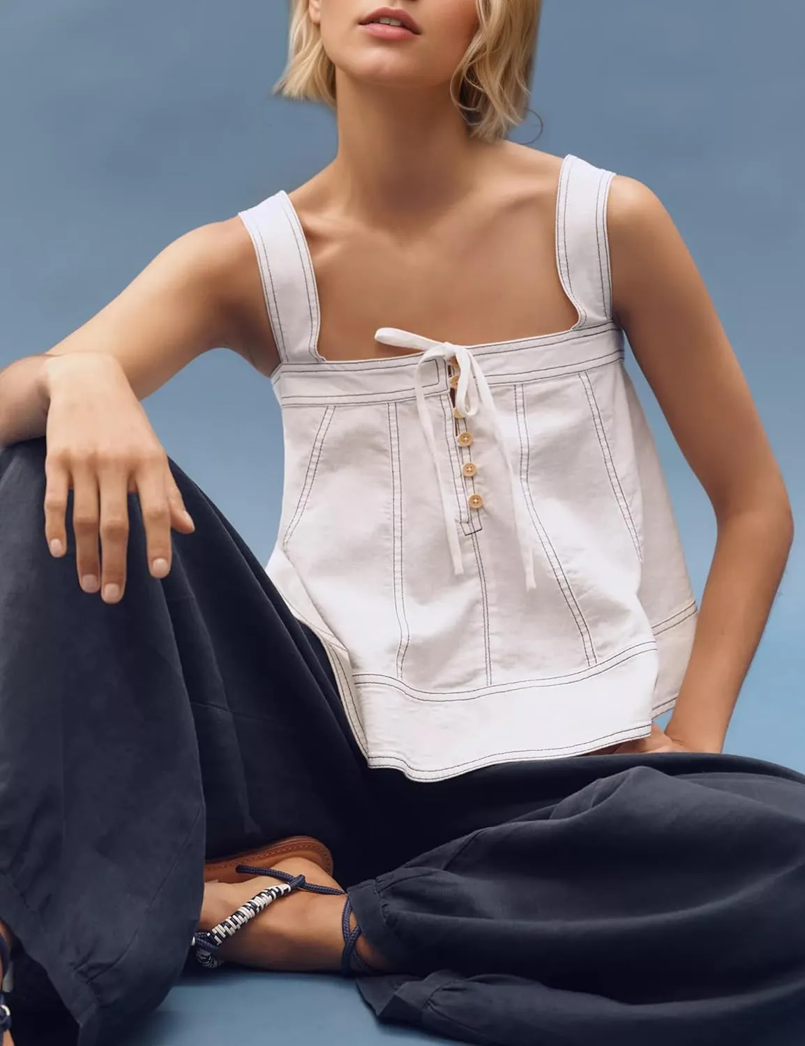 MISSACTIVER Linen Tank Tops for Women Sleeveless Square Neck Button Down Pleated Peplum Tops Flowy Ruffle Babydoll Shirt