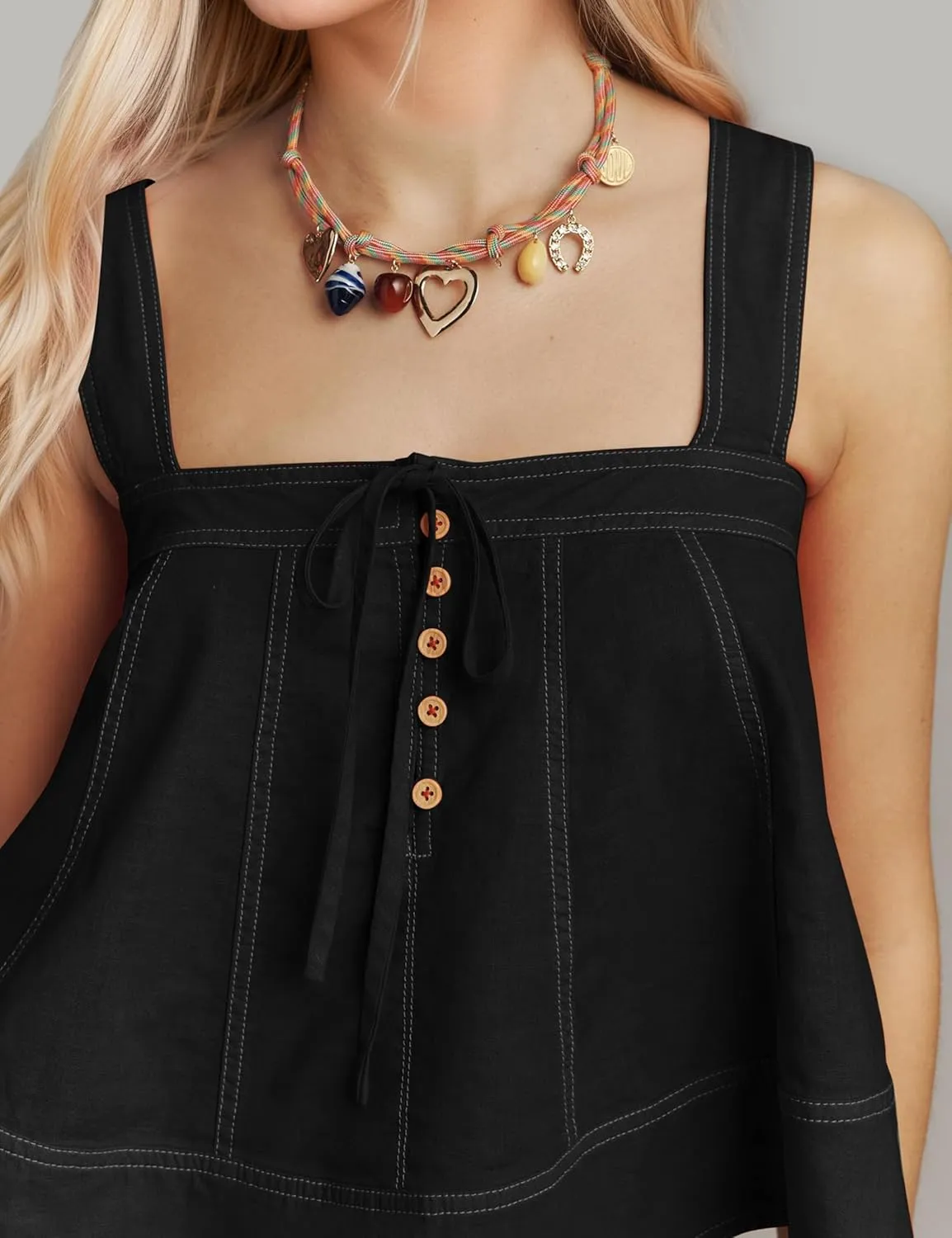 MISSACTIVER Linen Tank Tops for Women Sleeveless Square Neck Button Down Pleated Peplum Tops Flowy Ruffle Babydoll Shirt