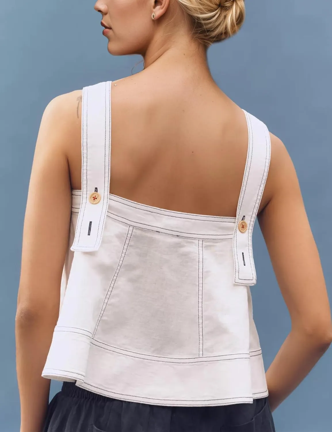 MISSACTIVER Linen Tank Tops for Women Sleeveless Square Neck Button Down Pleated Peplum Tops Flowy Ruffle Babydoll Shirt