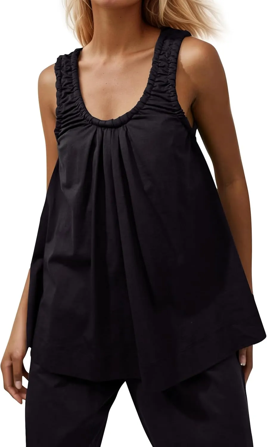 MISSACTIVER Women's Ruched Scoop Neck Tank Top Solid Sleeveless Flowy Peplum Tops Casual Loose Summer Babydoll Blouse Shirt