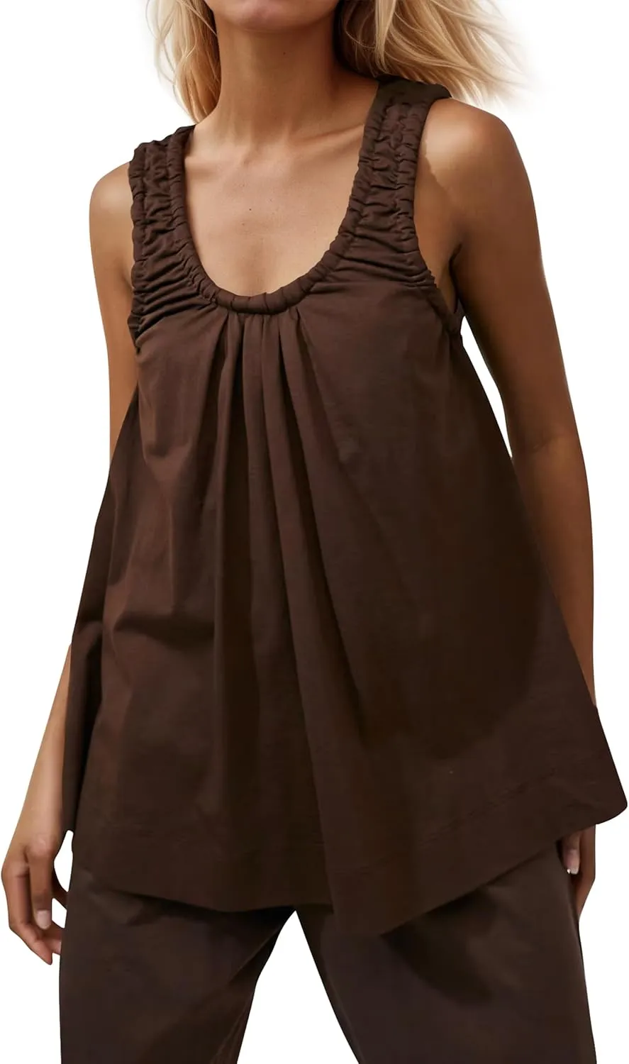 MISSACTIVER Women's Ruched Scoop Neck Tank Top Solid Sleeveless Flowy Peplum Tops Casual Loose Summer Babydoll Blouse Shirt