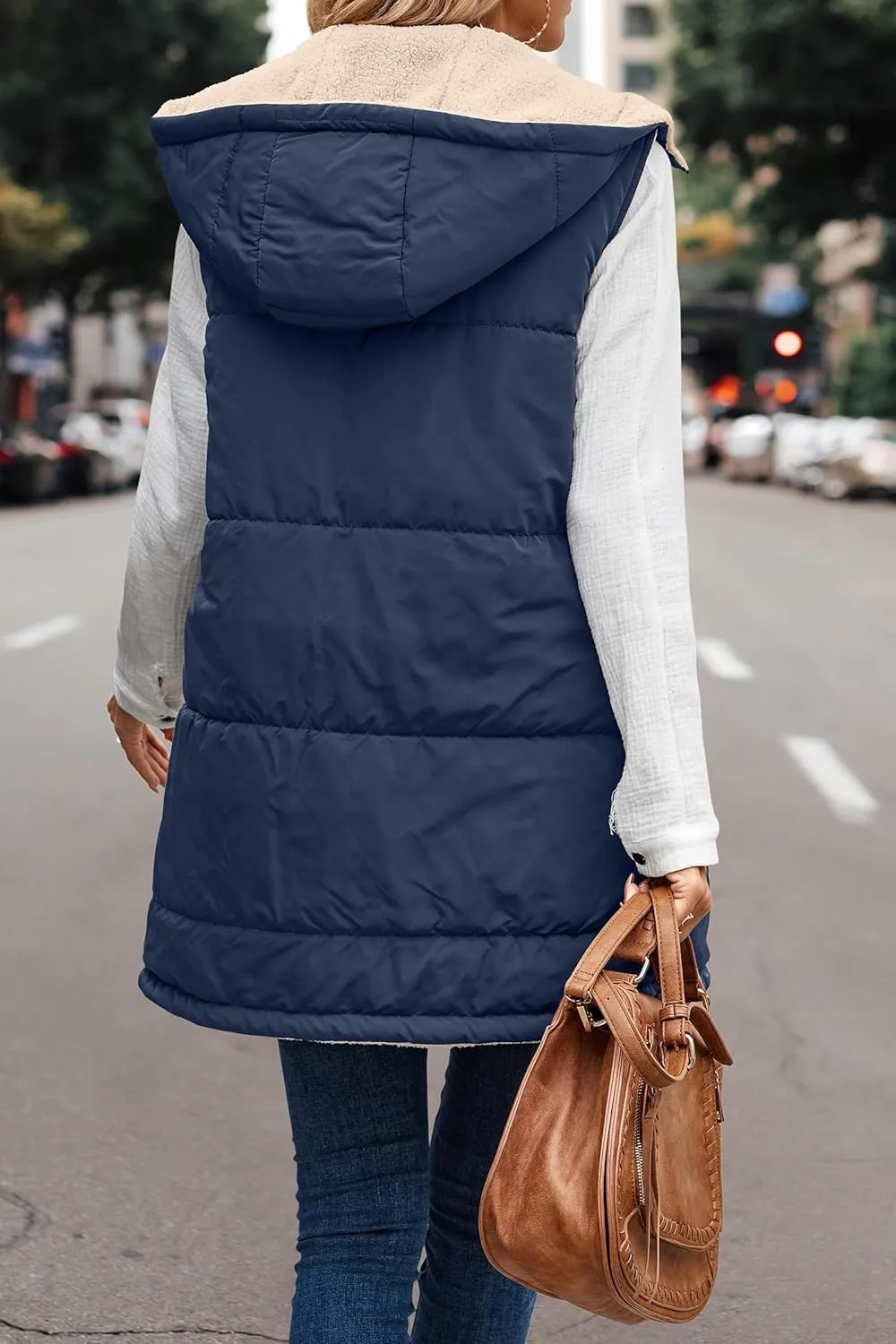Mmoneyake Womens Long Down Vest Full-Zip Hooded Sleeveless Down Jacket Coat Warm Winter Outdoor Puffer Quilted Vest Outerwear