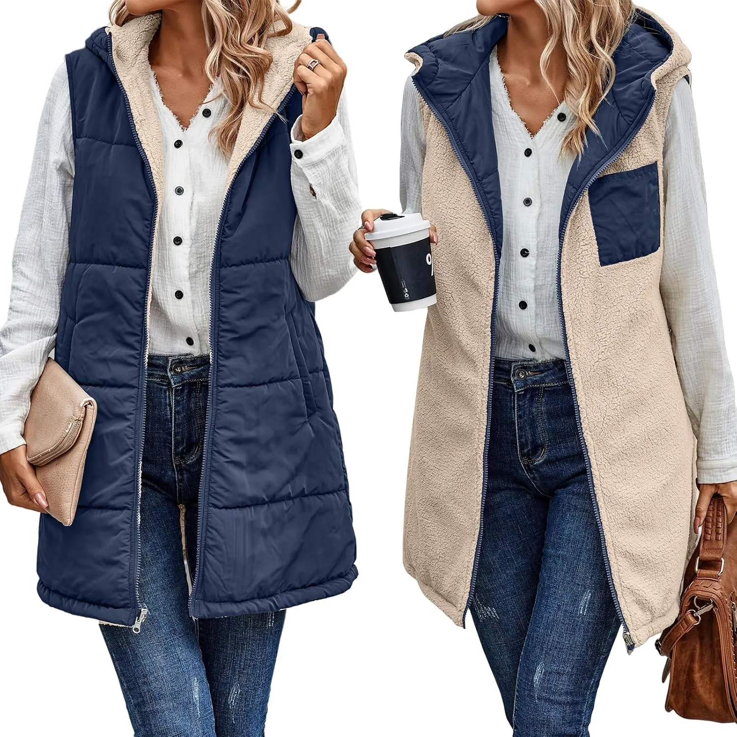 Mmoneyake Womens Long Down Vest Full-Zip Hooded Sleeveless Down Jacket Coat Warm Winter Outdoor Puffer Quilted Vest Outerwear