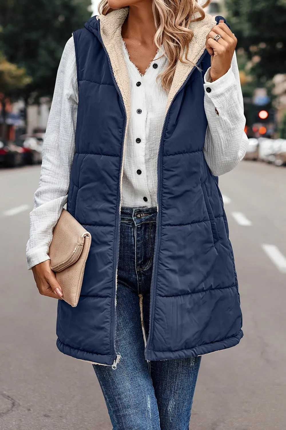 Mmoneyake Womens Long Down Vest Full-Zip Hooded Sleeveless Down Jacket Coat Warm Winter Outdoor Puffer Quilted Vest Outerwear