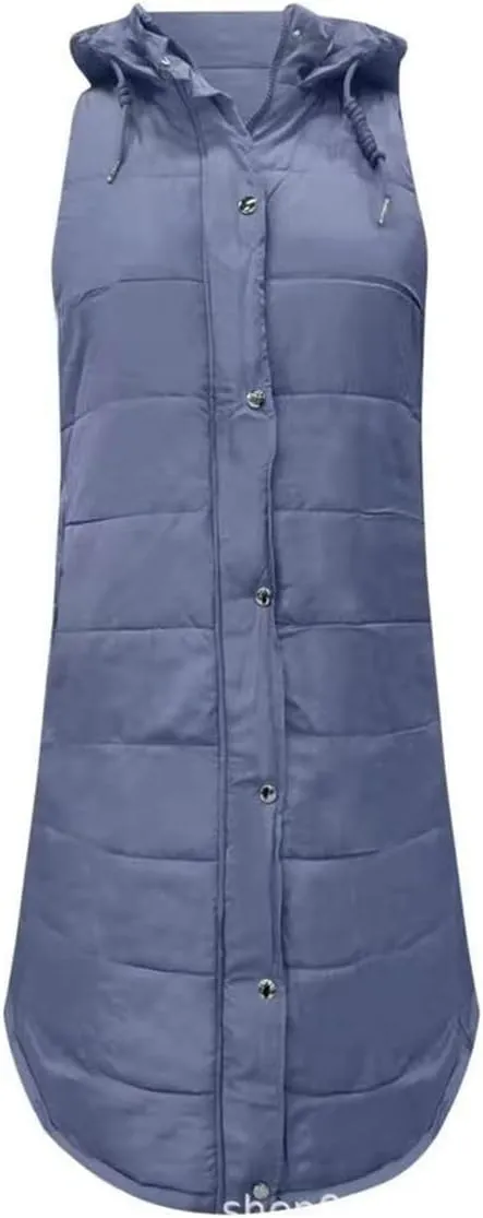 Mmoneyake Womens Long Down Vest Full-Zip Hooded Sleeveless Down Jacket Coat Warm Winter Outdoor Puffer Quilted Vest Outerwear