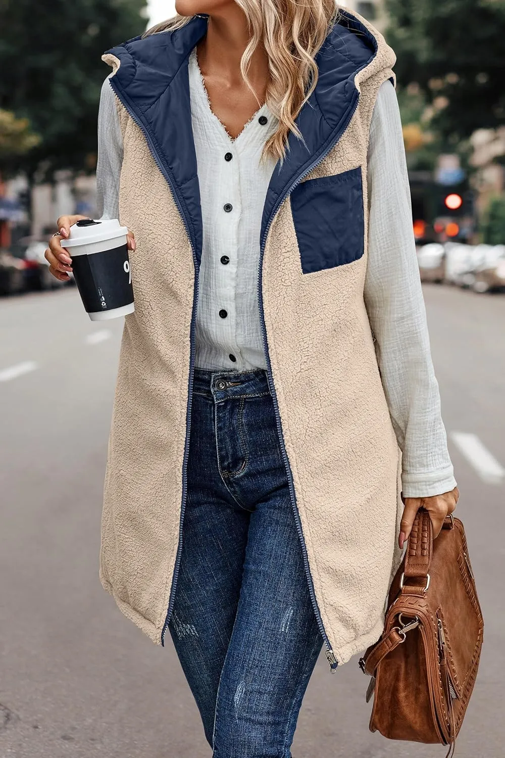 Mmoneyake Womens Long Down Vest Full-Zip Hooded Sleeveless Down Jacket Coat Warm Winter Outdoor Puffer Quilted Vest Outerwear