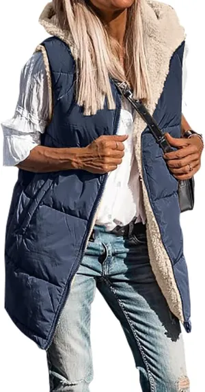 Mmoneyake Womens Long Down Vest Full-Zip Hooded Sleeveless Down Jacket Coat Warm Winter Outdoor Puffer Quilted Vest Outerwear