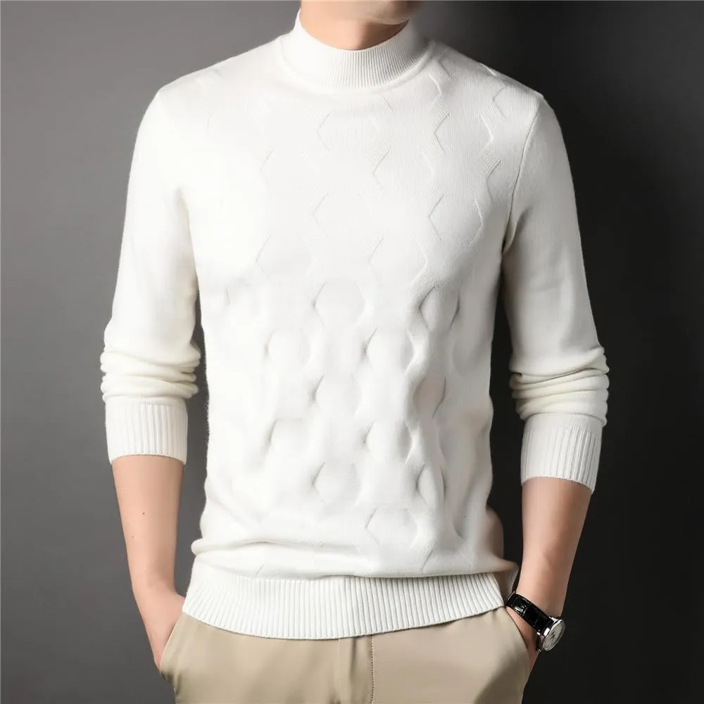 Mock Neck Knitwear Sweater Men Clothing Spring Autumn Classic Streetwear Striped Pullover