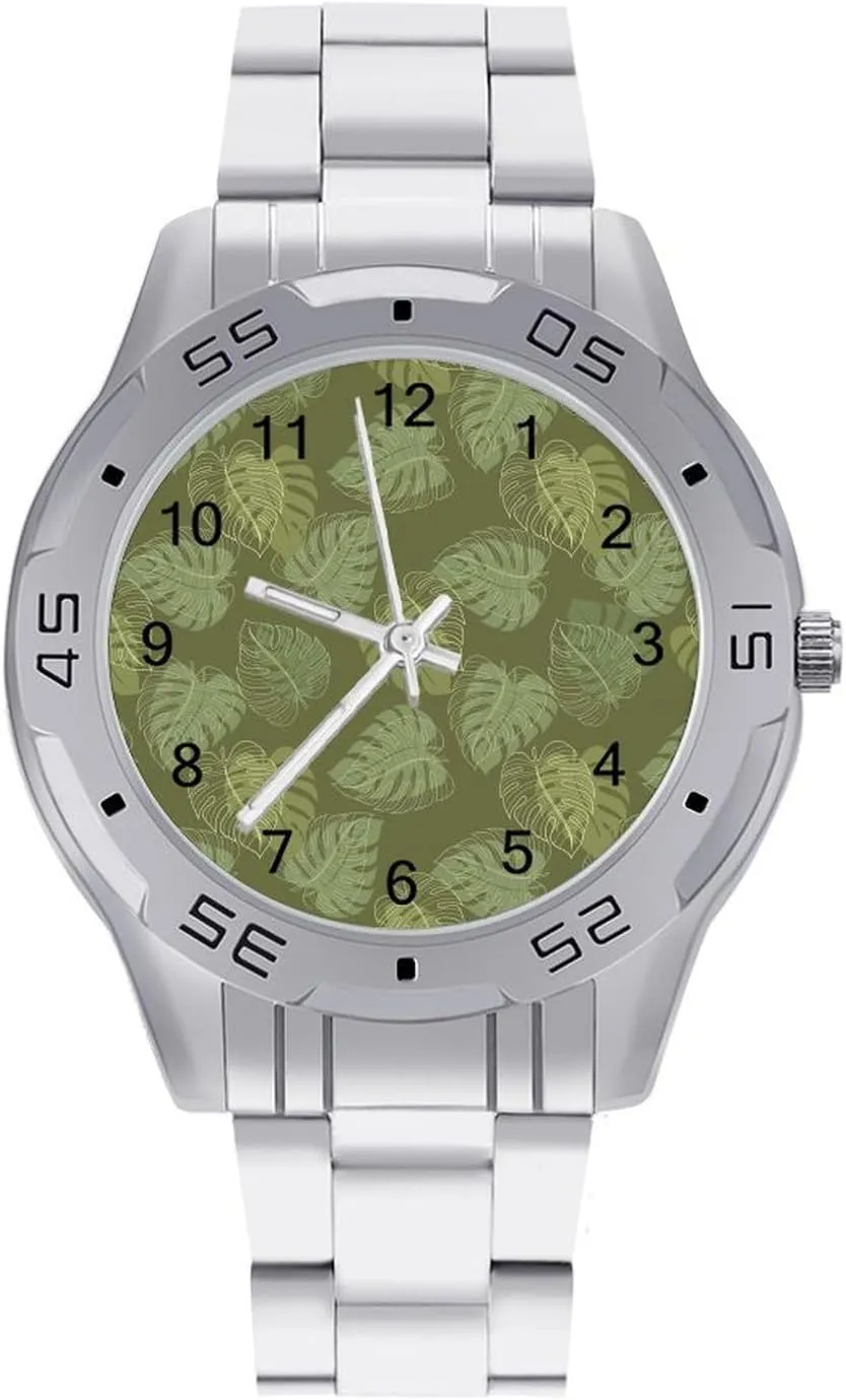 Monstera Palm Leaves Classic Wrist Watches for Men Casual Business Dress Watch with Stainless Steel Band Work Party