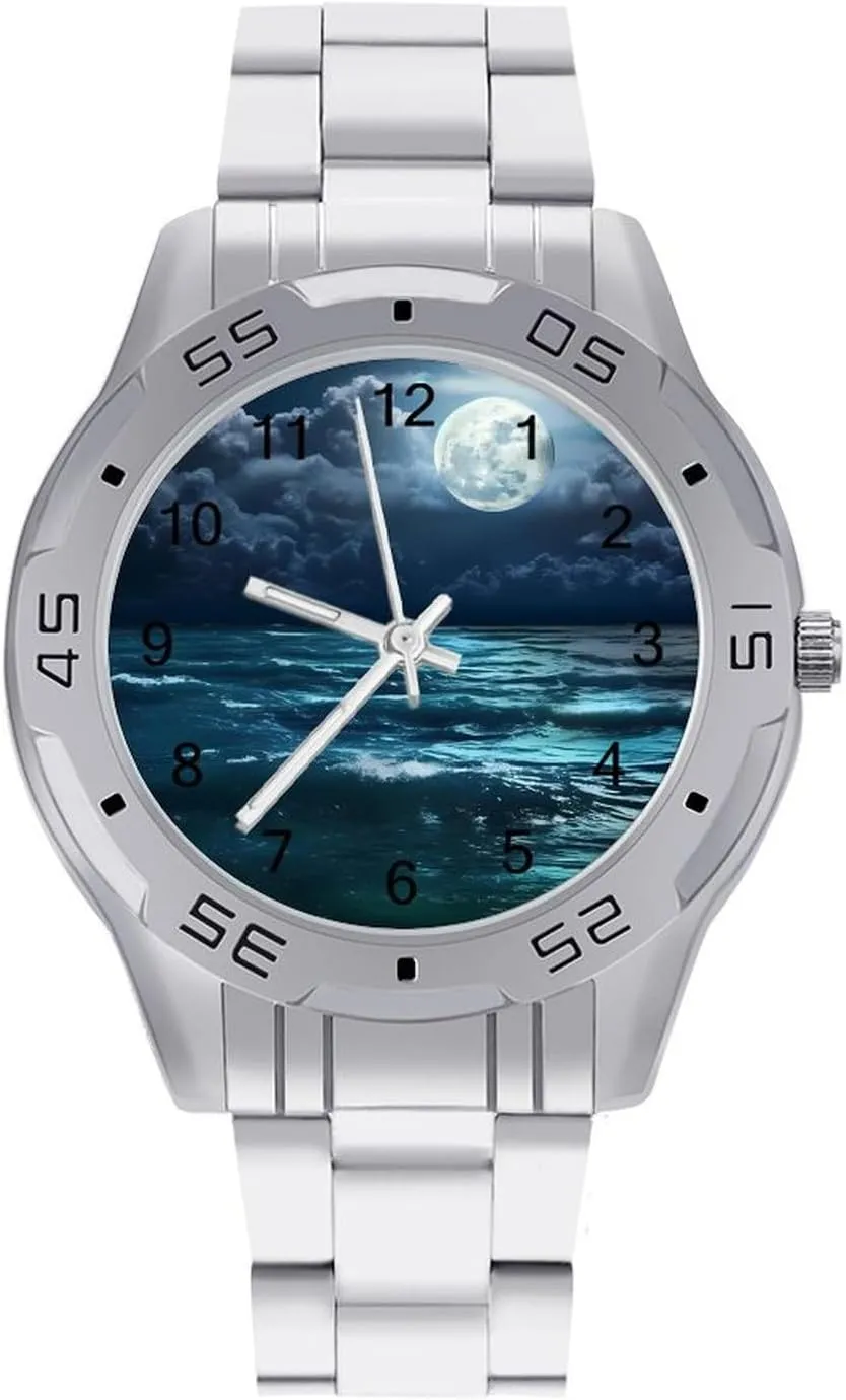 Moon Over The Ocean Natural Scenery Men's Business Watch Fashion Stainless Steel Wristwatches Custom Easy Read Watches for Women