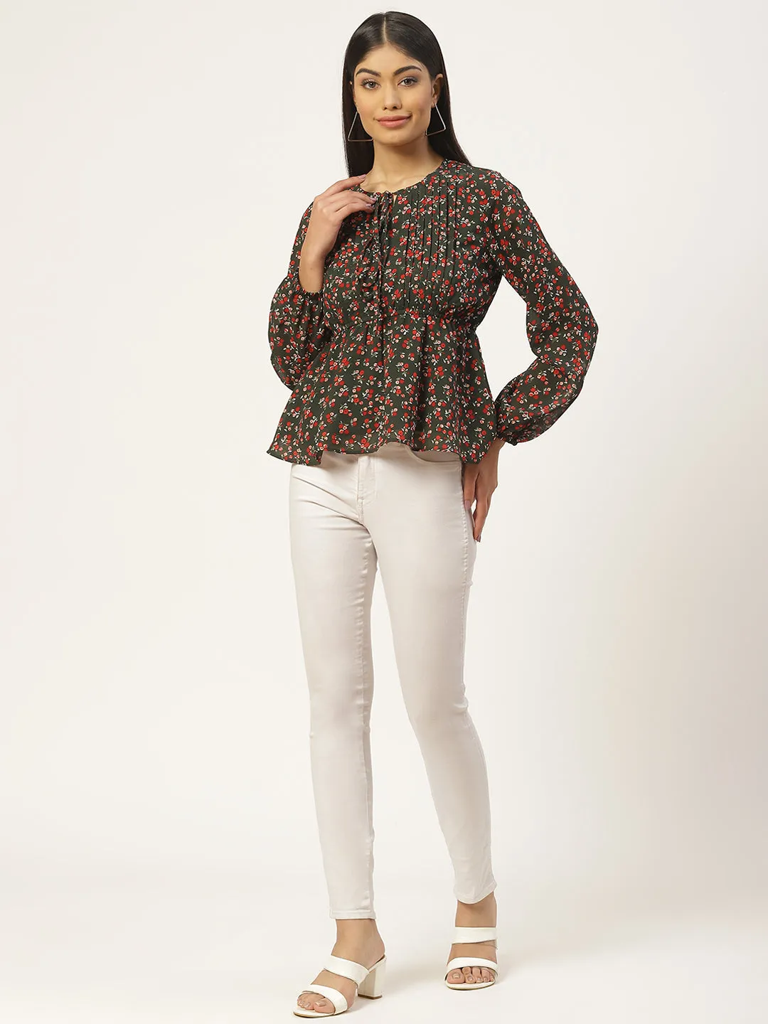 Multiclored Floral Print Tie-Up Neck Georgette Peplum Top