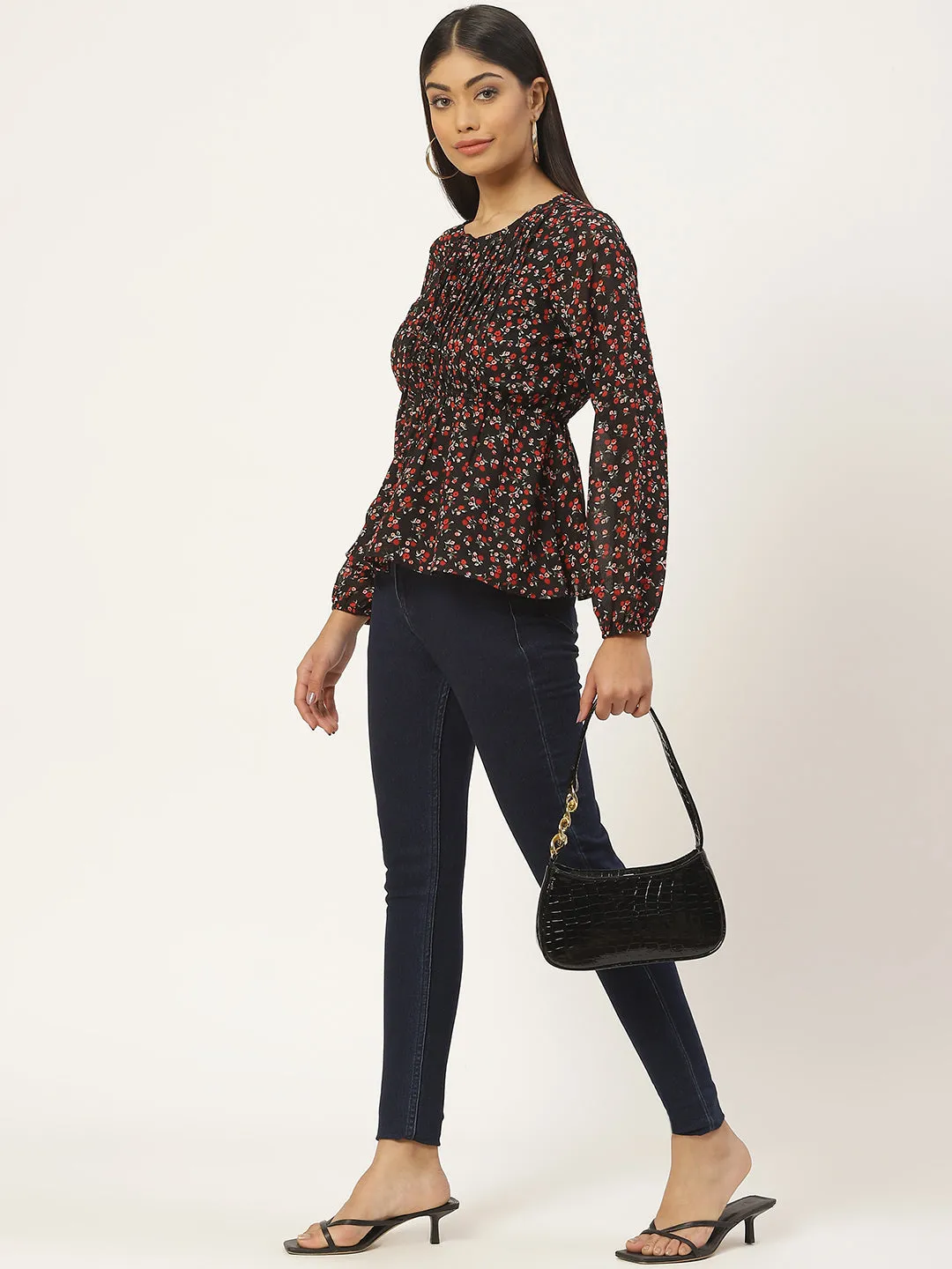 Multicloured Floral Print Tie-Up Neck Georgette Peplum Top