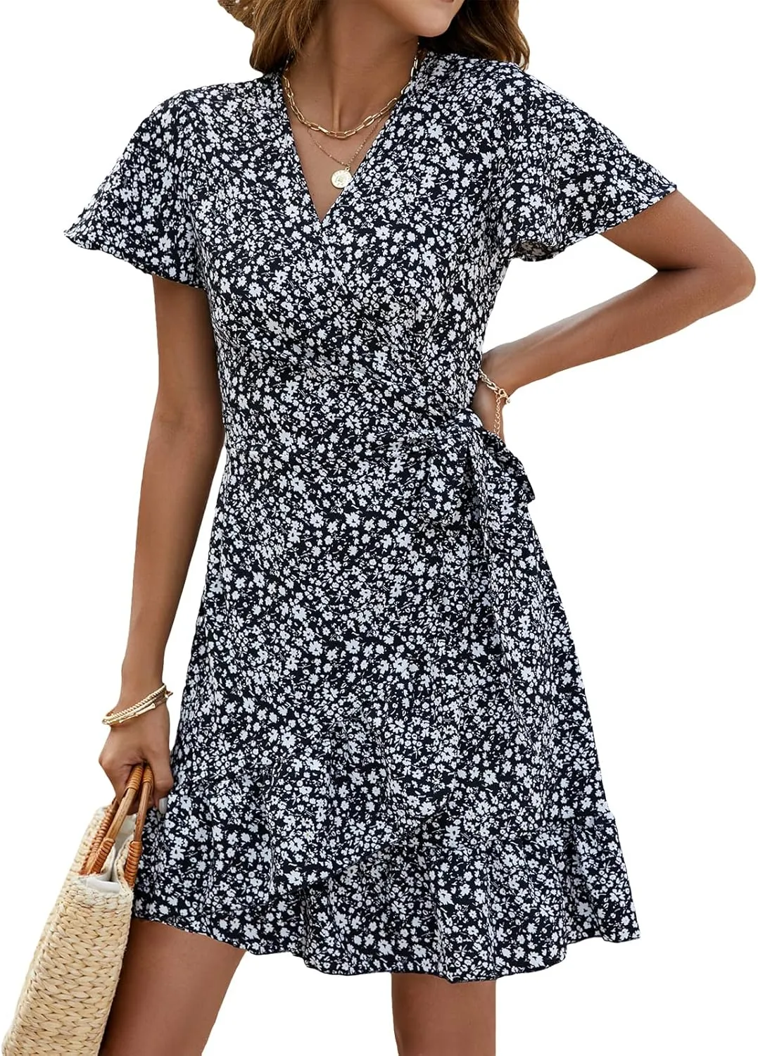 Naggoo Women's Summer Wrap V Neck Polka Dot Print Ruffle Short Sleeve Mini Floral Dress with Belt