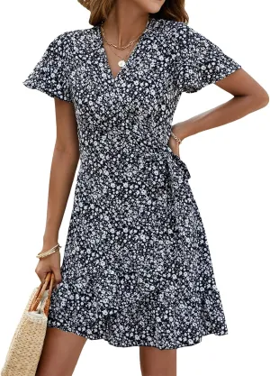 Naggoo Women's Summer Wrap V Neck Polka Dot Print Ruffle Short Sleeve Mini Floral Dress with Belt