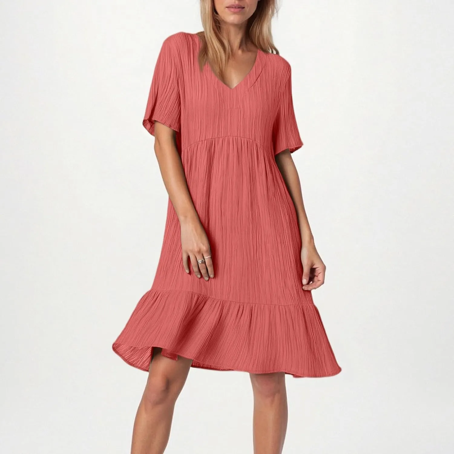 NBXNZWF Summer Dresses for Women 2025 Short Sleeve V Neck Ruffle Flowy Mini Dress Pleated Beach Vacation T Shirt Sundress