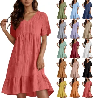 NBXNZWF Summer Dresses for Women 2025 Short Sleeve V Neck Ruffle Flowy Mini Dress Pleated Beach Vacation T Shirt Sundress